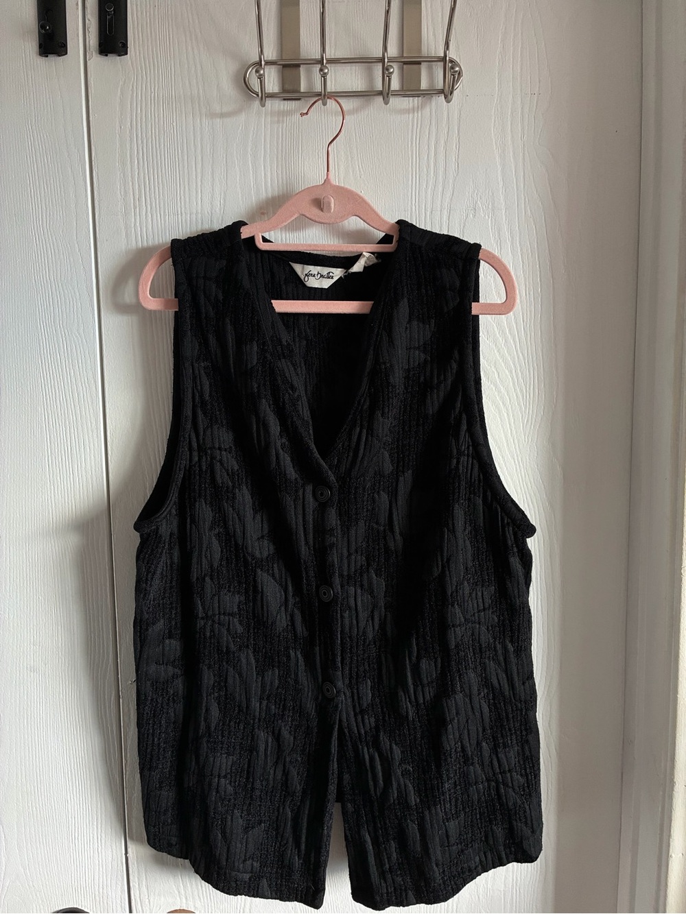 Vintage Fern Bratten Button Up Vest Size 12 Black Leaf Pattern Artsy Lagenlook